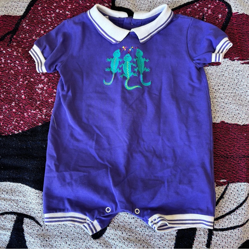 VINTAGE FAST FRIENDS PURPLE EMBROIDERED LIZARD ROMPER SIZE 2T ADORABLE